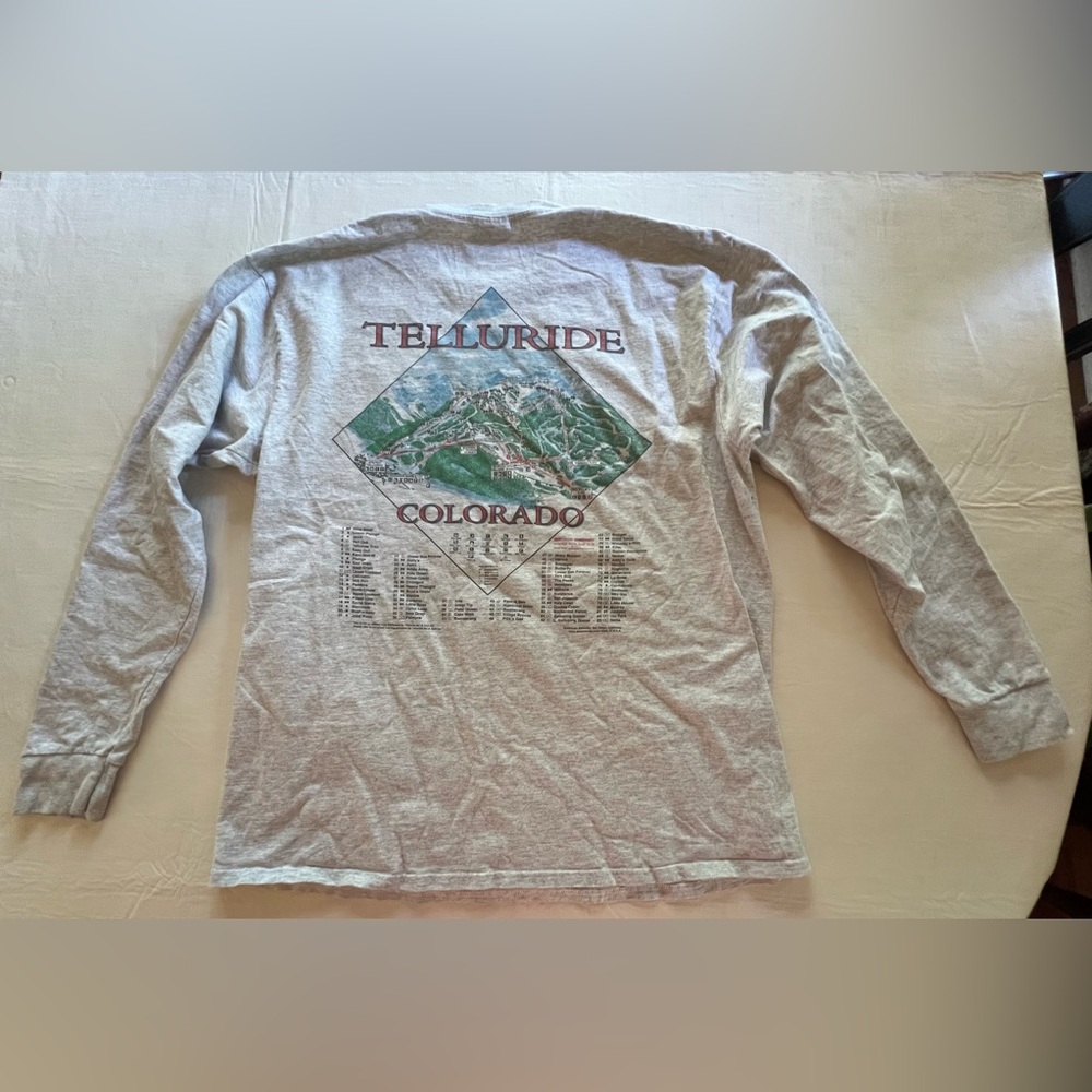 Adult XL Light Grey Long Sleeve Telluride Colorado Ski Graphic Tshirt *hole